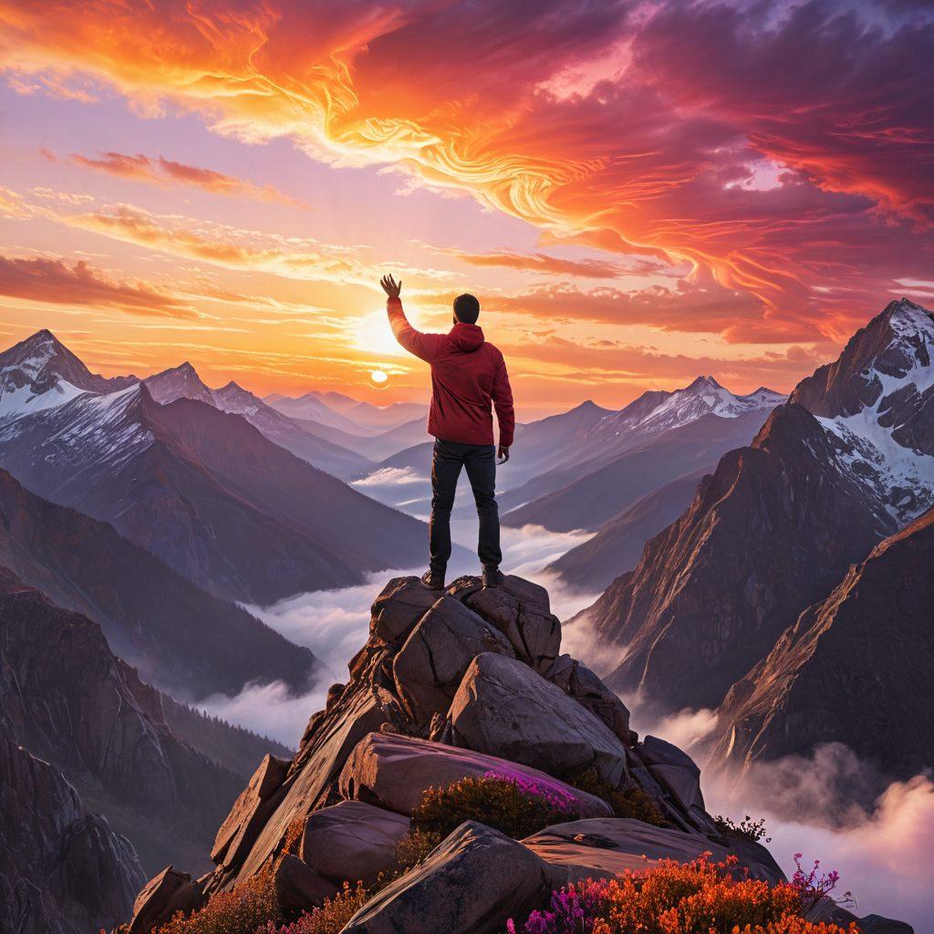 A confident man standing tall on a mountain peak, surrounded by swirling patterns of hypnotic waves that symbolize empowerment and personal growth. The background features a sunrise, representing new beginnings and enlightenment, with vibrant colors dominating the sky. The man's expression is one of determination and focus, reflecting inner strength. Inject elements of light and energy to signify hypnotic techniques boosting confidence. super-realistic. vibrant colors. nature backdrop.
