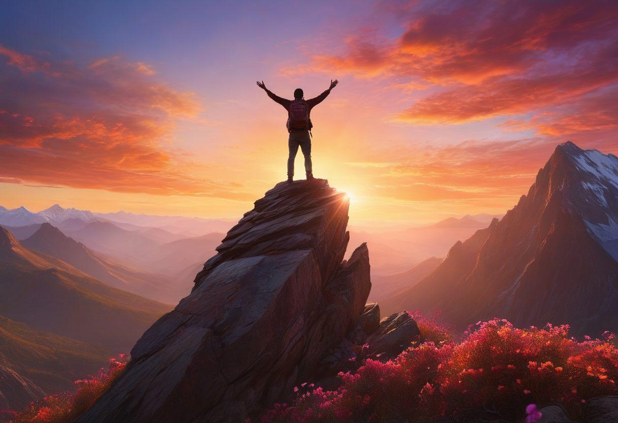A confident male figure standing on a mountain peak, arms raised in victory, surrounded by a vibrant sunrise symbolizing empowerment. Include elements of nature like soaring eagles and blossoming flowers to represent growth and renewal. Subtle silhouettes of diverse men in the background displaying unity and support. Capture an uplifting and inspiring atmosphere. super-realistic. vibrant colors. 3D.