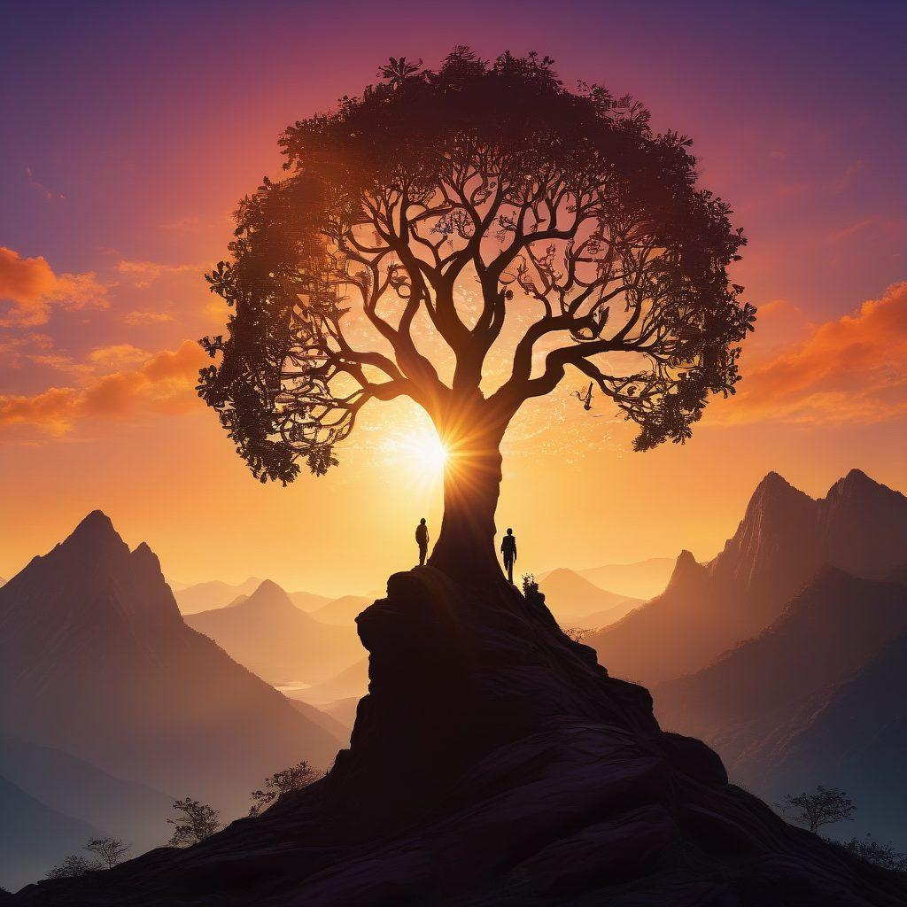 A powerful silhouette of a man standing on a mountain peak at sunrise, symbolizing triumph over self-doubt. Surround him with glowing symbols of growth like a tree, gears for transformation, and light beams representing positive energy. The foreground shows a dark shadowed figure representing self-doubt shrinking away. Bright, warm colors that evoke a sense of hope and strength. super-realistic. vibrant colors. mystical atmosphere.